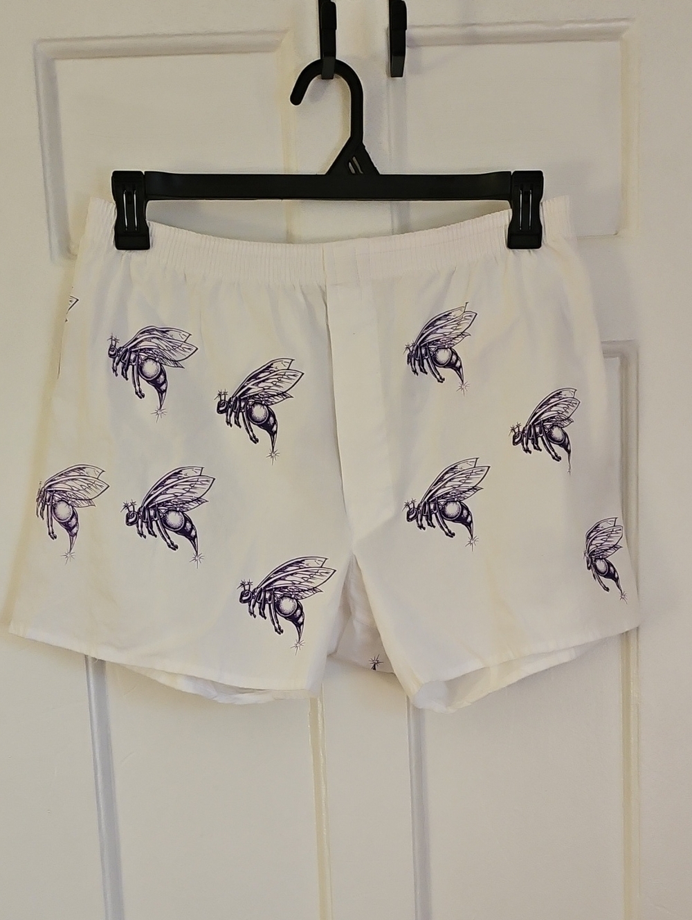 Men's White Casual Shorts with Purple Bee Print